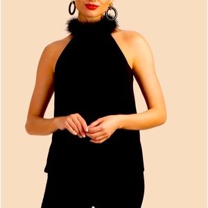 Trina Turk black sleeveless top with feather collar. (NWT)